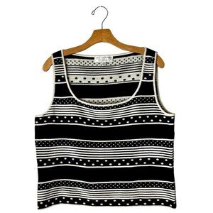 St John Tank Top Women Large Black White Striped Santana Knit Top Mature Retro